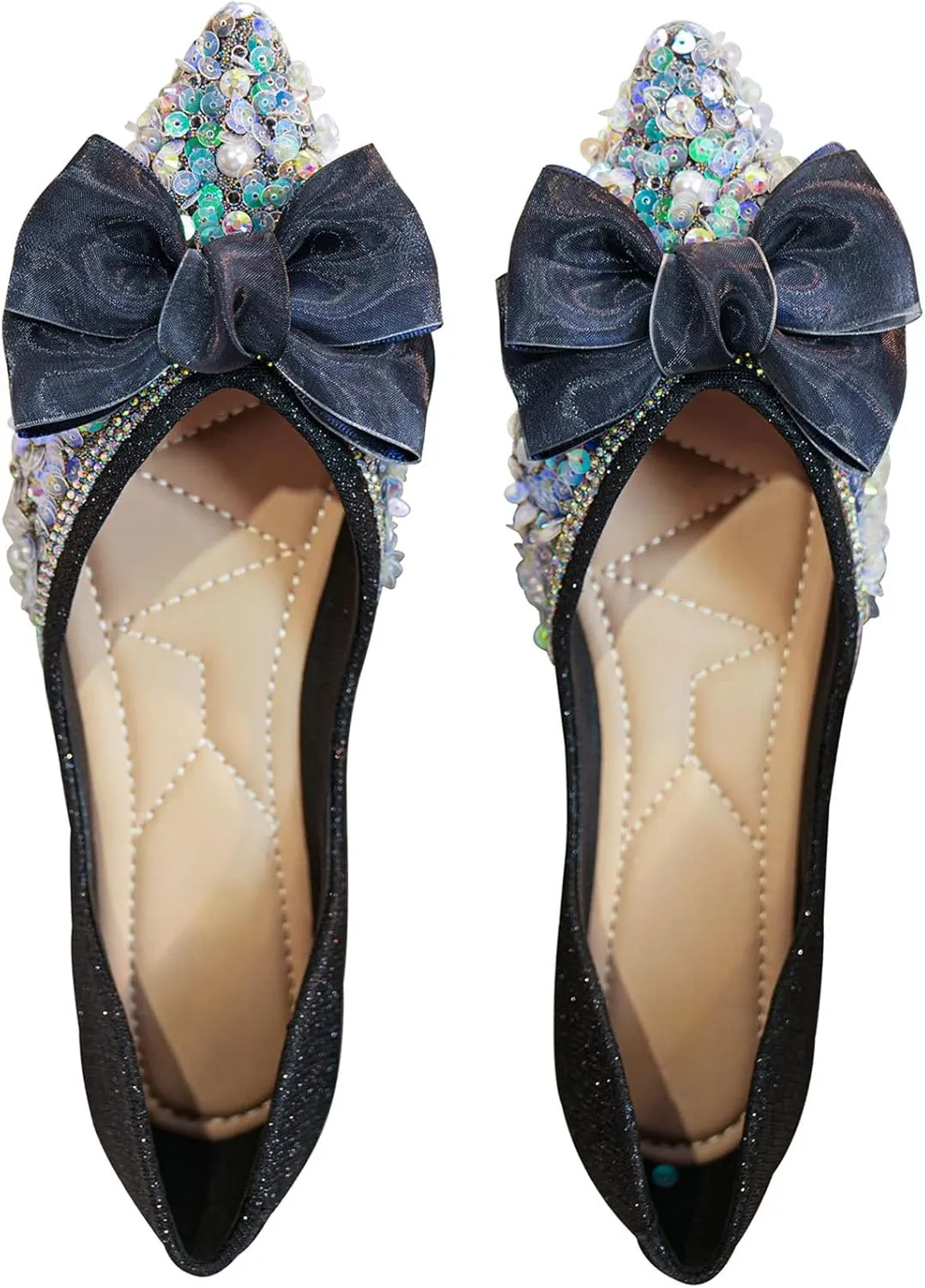 SAILING LU Sequins Flats Bow-Knot Shoes Women Dressy Pointed Toe Bridal Shoes for Wedding Comfortable Loafers Slip-ons