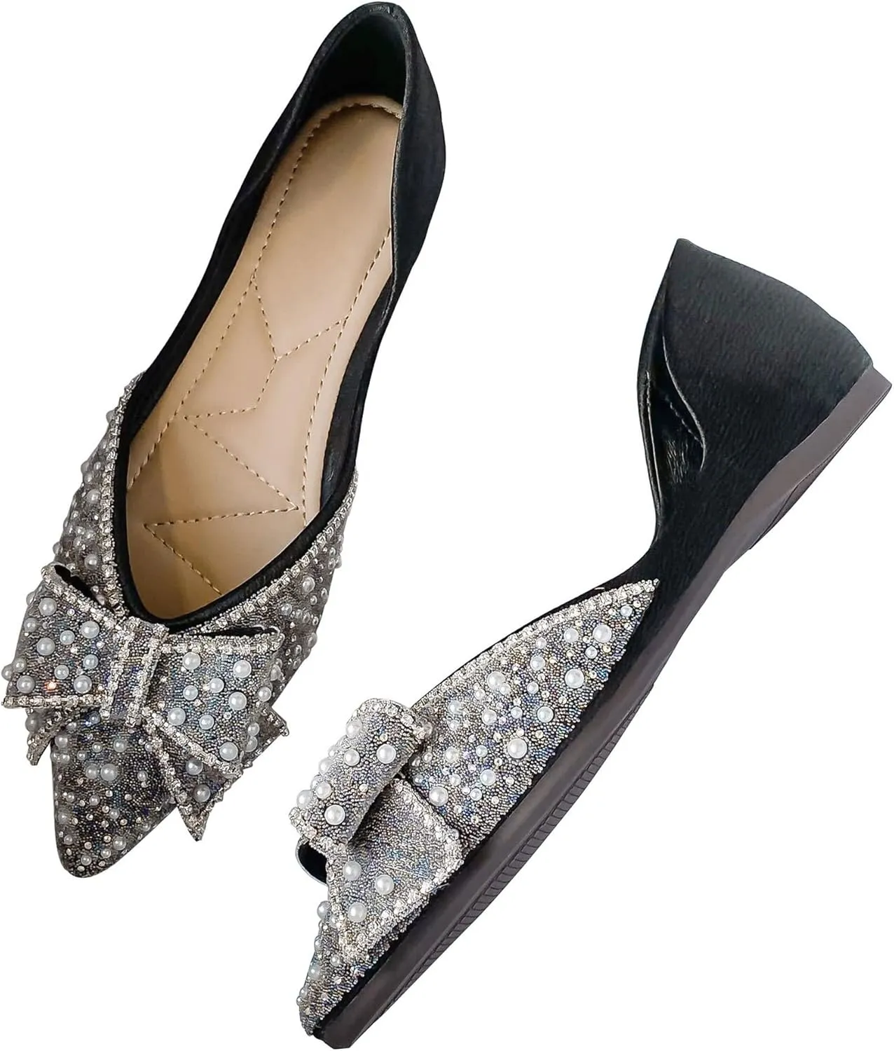 SAILING LU Sequins Flats Bow-Knot Shoes Women Dressy Pointed Toe Bridal Shoes for Wedding Comfortable Loafers Slip-ons