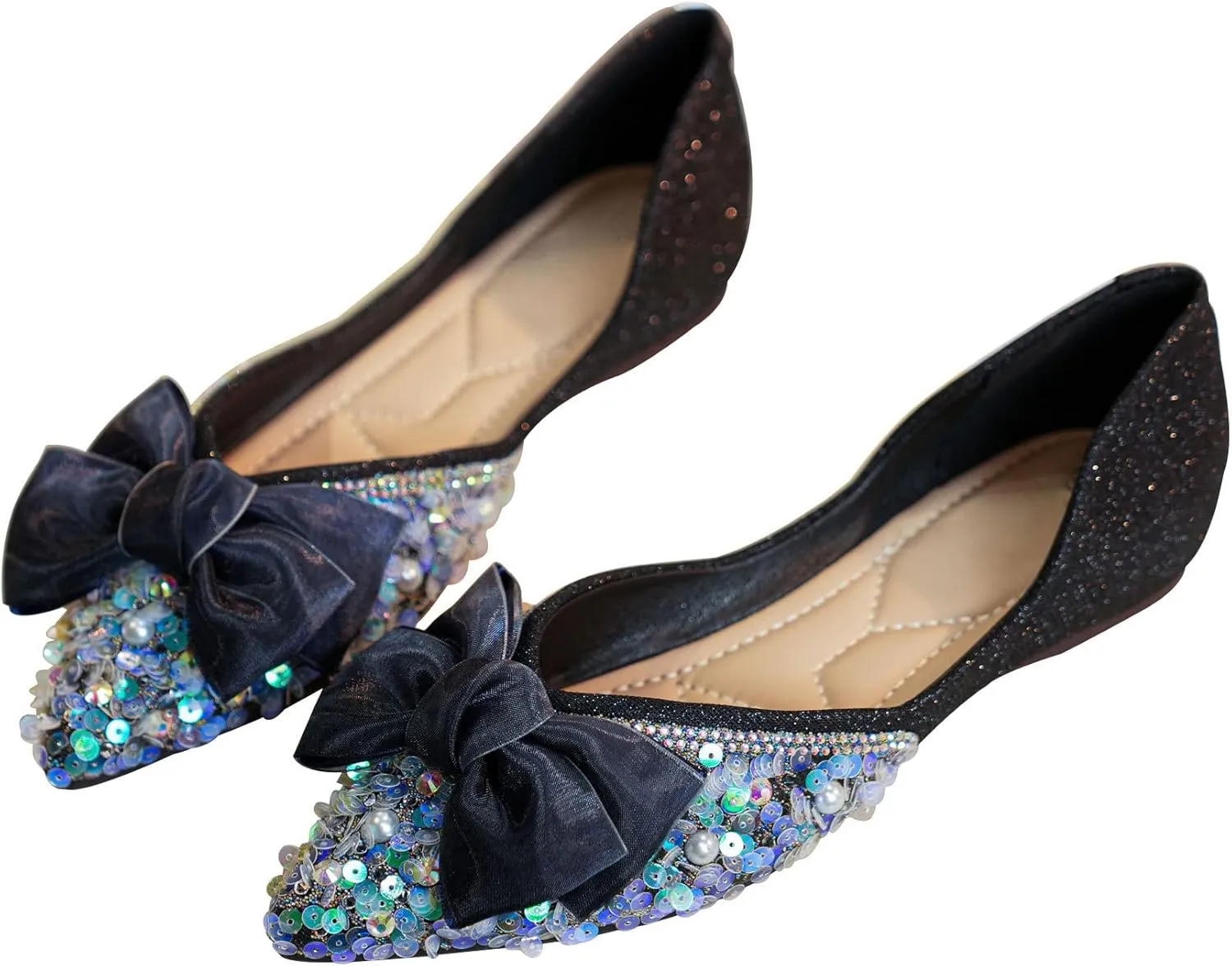 SAILING LU Sequins Flats Bow-Knot Shoes Women Dressy Pointed Toe Bridal Shoes for Wedding Comfortable Loafers Slip-ons