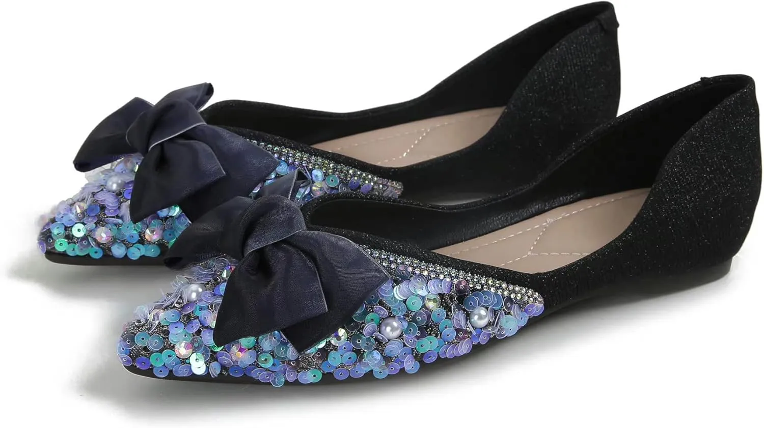 SAILING LU Sequins Flats Bow-Knot Shoes Women Dressy Pointed Toe Bridal Shoes for Wedding Comfortable Loafers Slip-ons