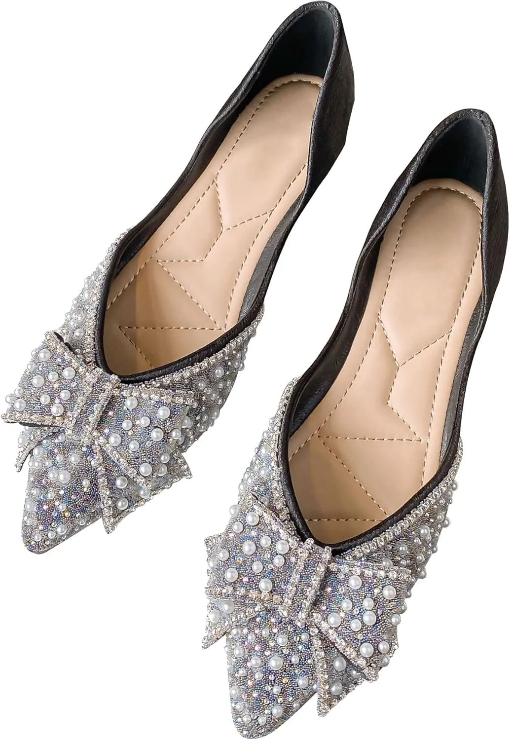 SAILING LU Sequins Flats Bow-Knot Shoes Women Dressy Pointed Toe Bridal Shoes for Wedding Comfortable Loafers Slip-ons