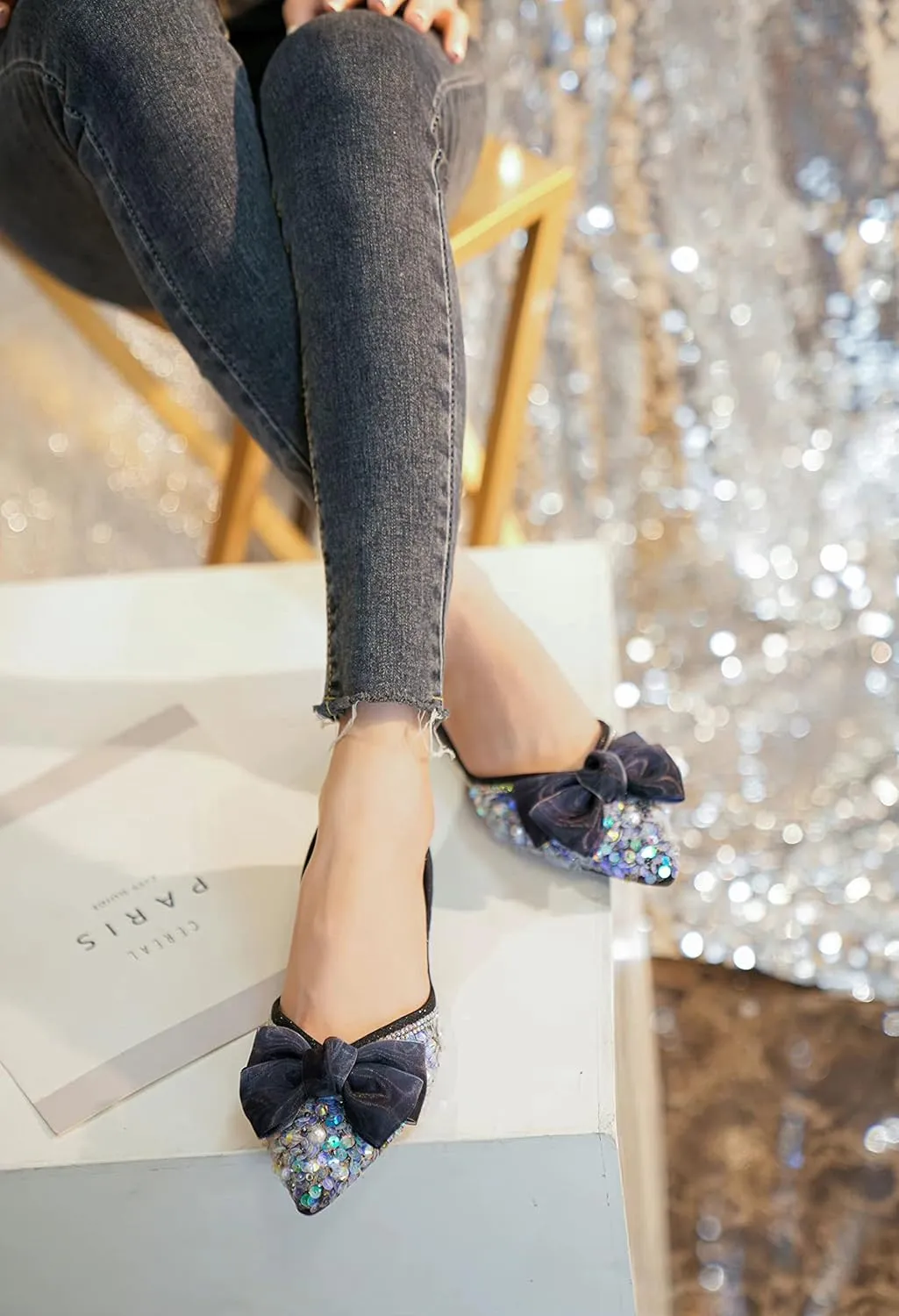 SAILING LU Sequins Flats Bow-Knot Shoes Women Dressy Pointed Toe Bridal Shoes for Wedding Comfortable Loafers Slip-ons