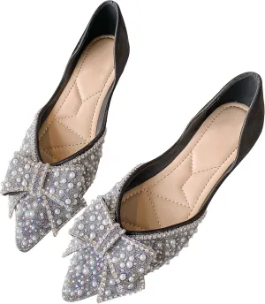SAILING LU Sequins Flats Bow-Knot Shoes Women Dressy Pointed Toe Bridal Shoes for Wedding Comfortable Loafers Slip-ons
