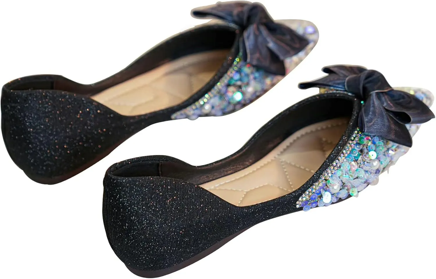 SAILING LU Sequins Flats Bow-Knot Shoes Women Dressy Pointed Toe Bridal Shoes for Wedding Comfortable Loafers Slip-ons