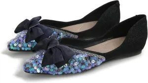 SAILING LU Sequins Flats Bow-Knot Shoes Women Dressy Pointed Toe Bridal Shoes for Wedding Comfortable Loafers Slip-ons