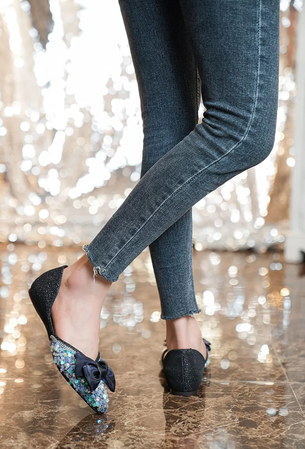 SAILING LU Sequins Flats Bow-Knot Shoes Women Dressy Pointed Toe Bridal Shoes for Wedding Comfortable Loafers Slip-ons