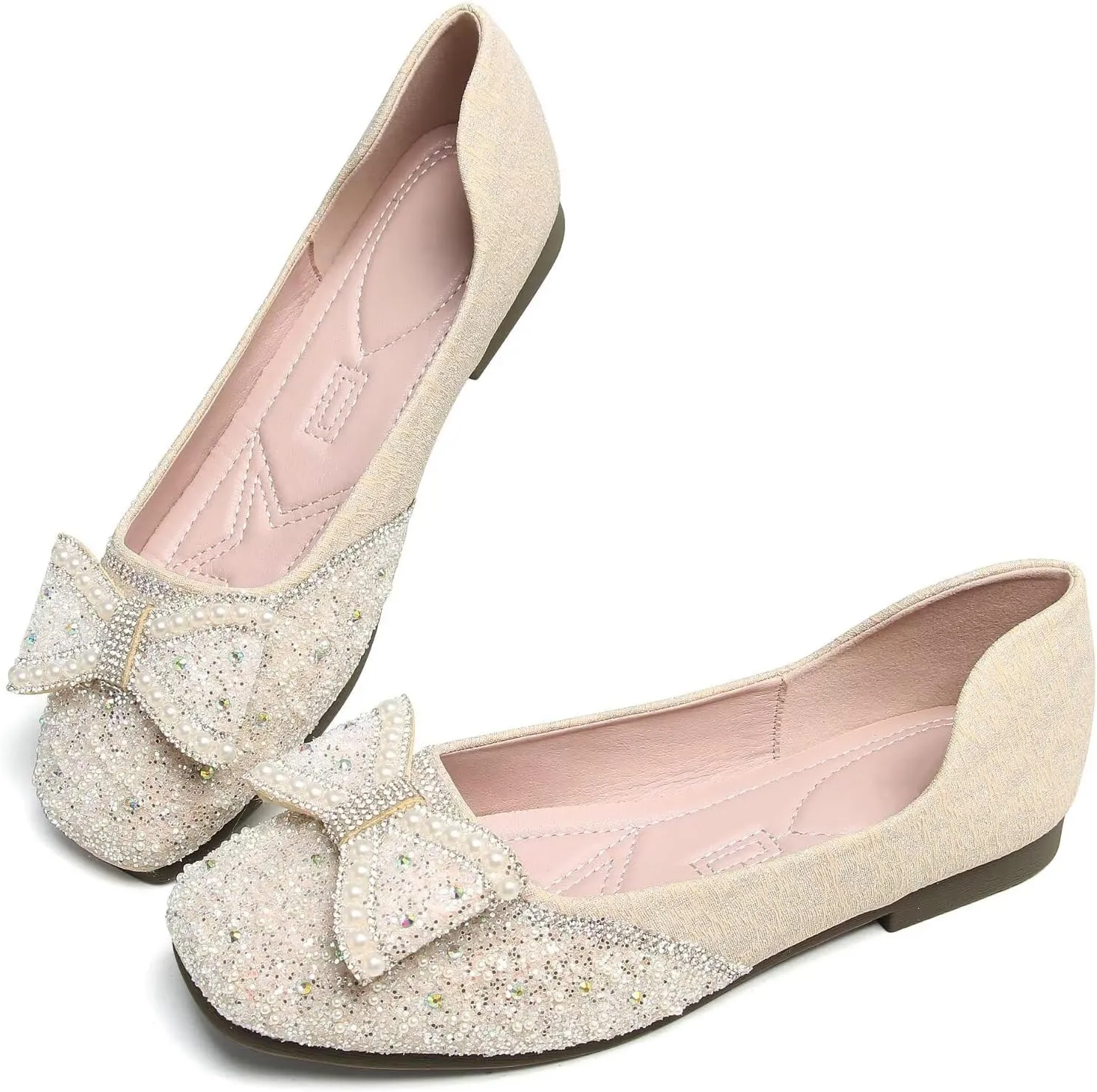 SAILING LU Square Toe Flats Shoes Rhinestoned Bowknots Ballet Flats for Women Studded Dress Shoes Comfort Light Weight Loafers