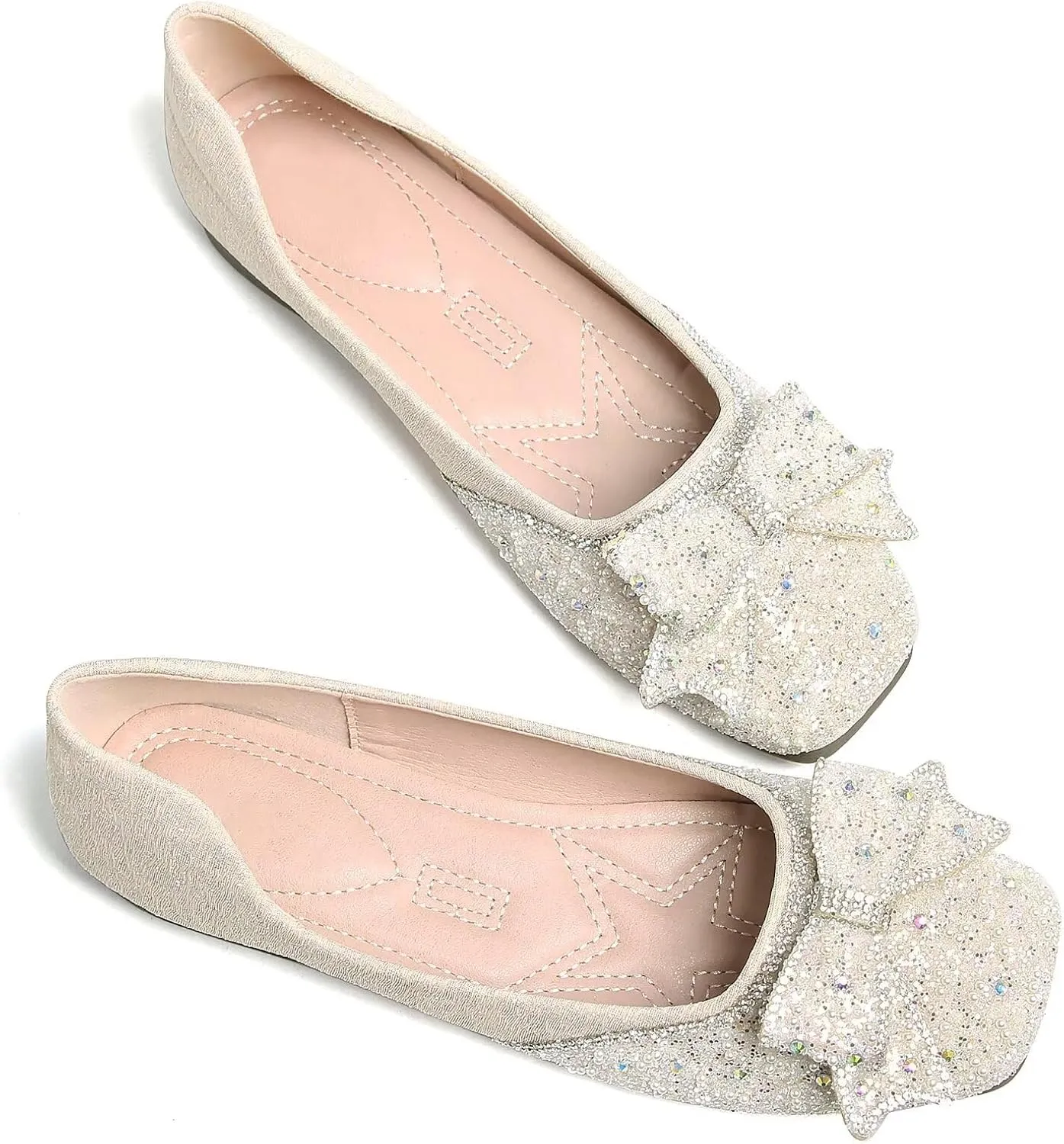 SAILING LU Square Toe Flats Shoes Rhinestoned Bowknots Ballet Flats for Women Studded Dress Shoes Comfort Light Weight Loafers