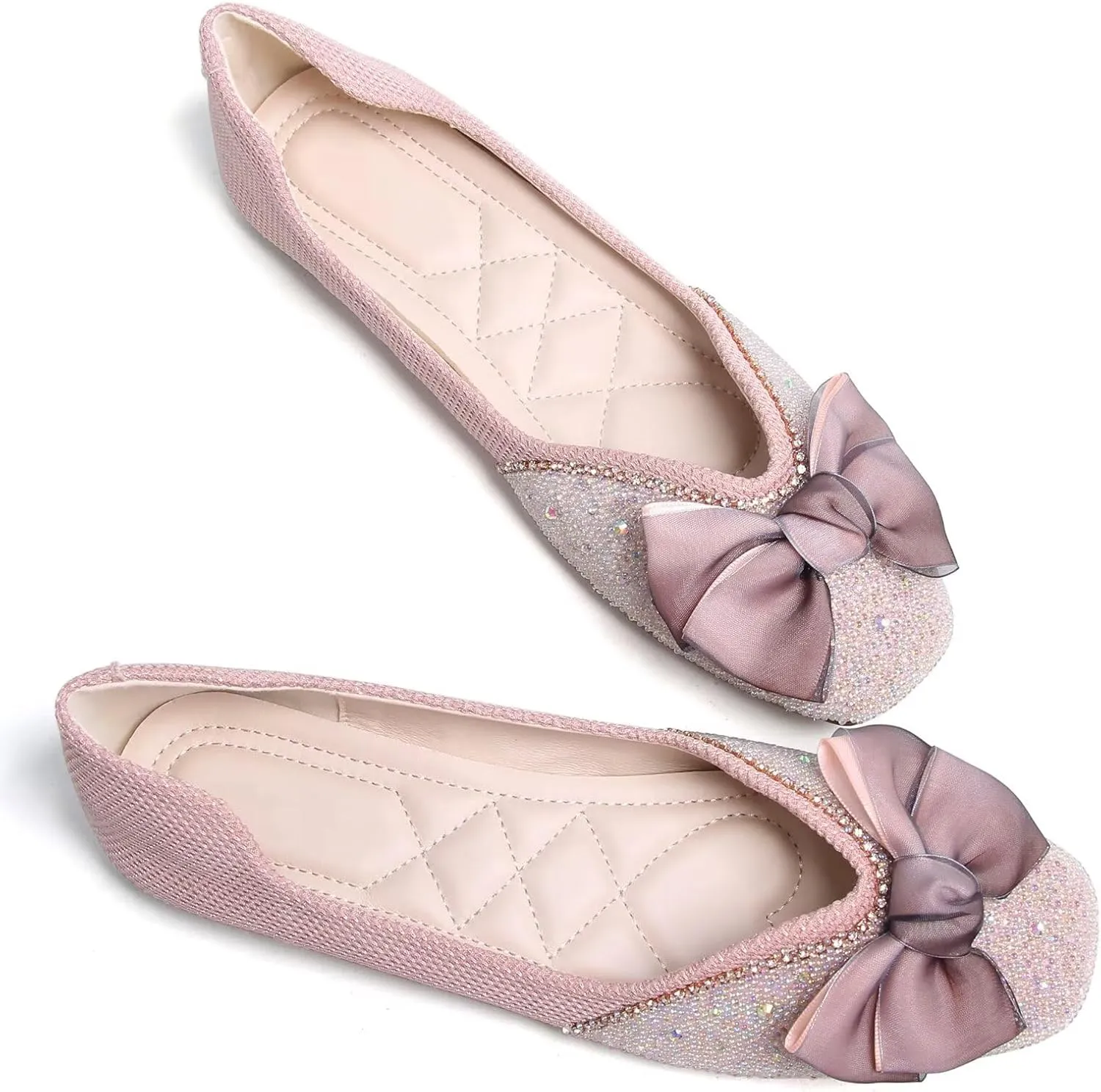 SAILING LU Square Toe Flats Shoes Rhinestoned Bowknots Ballet Flats for Women Studded Dress Shoes Comfort Light Weight Loafers