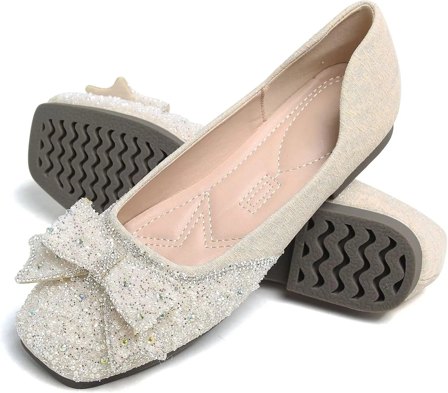 SAILING LU Square Toe Flats Shoes Rhinestoned Bowknots Ballet Flats for Women Studded Dress Shoes Comfort Light Weight Loafers