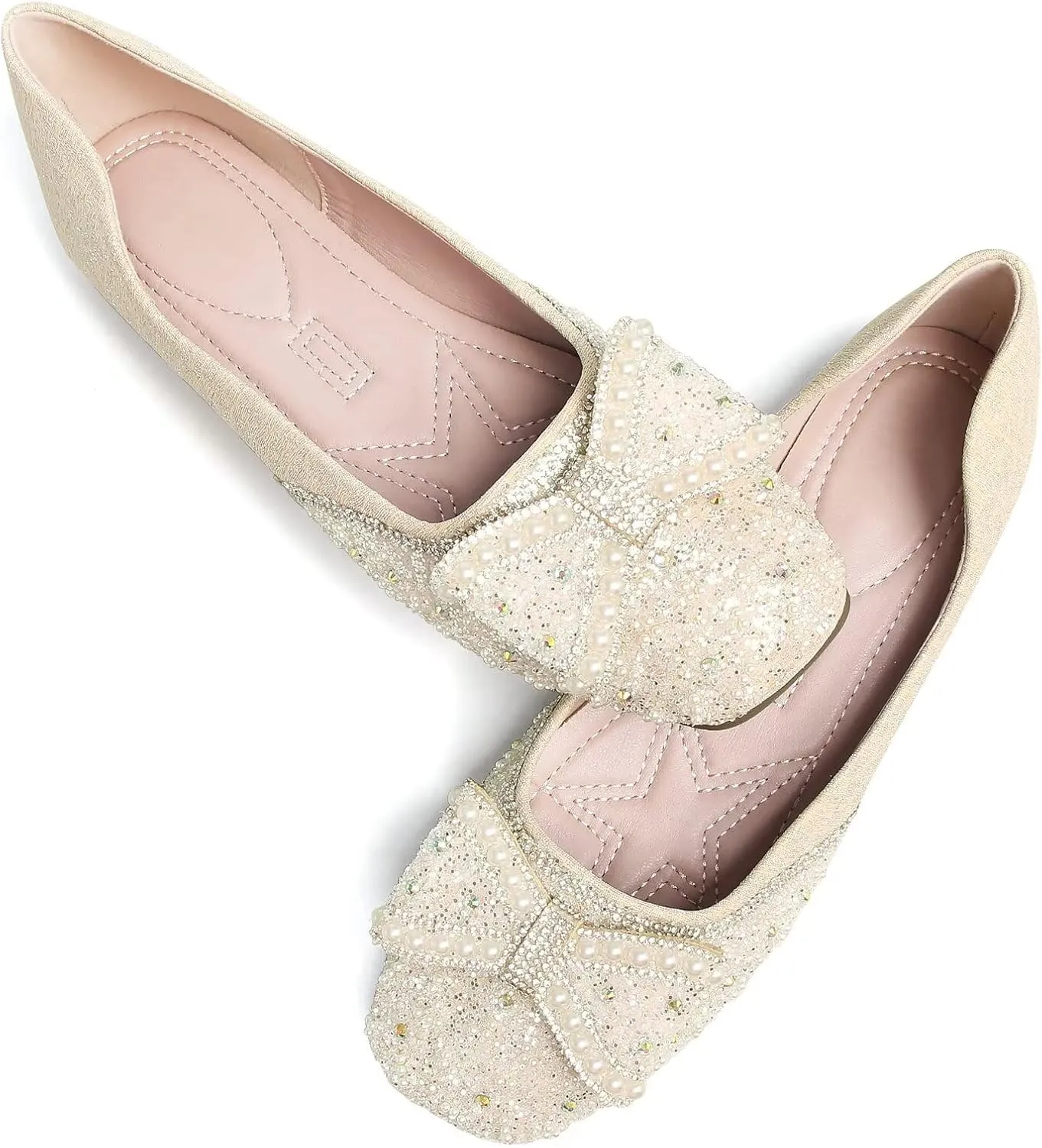 SAILING LU Square Toe Flats Shoes Rhinestoned Bowknots Ballet Flats for Women Studded Dress Shoes Comfort Light Weight Loafers