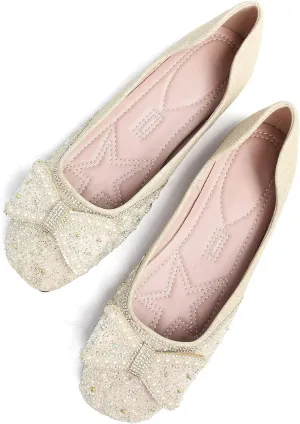 SAILING LU Square Toe Flats Shoes Rhinestoned Bowknots Ballet Flats for Women Studded Dress Shoes Comfort Light Weight Loafers