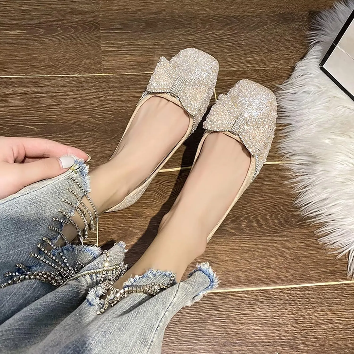 SAILING LU Square Toe Flats Shoes Rhinestoned Bowknots Ballet Flats for Women Studded Dress Shoes Comfort Light Weight Loafers