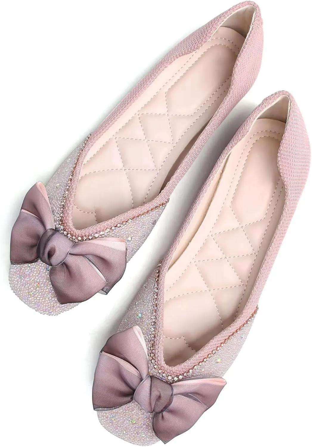 SAILING LU Square Toe Flats Shoes Rhinestoned Bowknots Ballet Flats for Women Studded Dress Shoes Comfort Light Weight Loafers