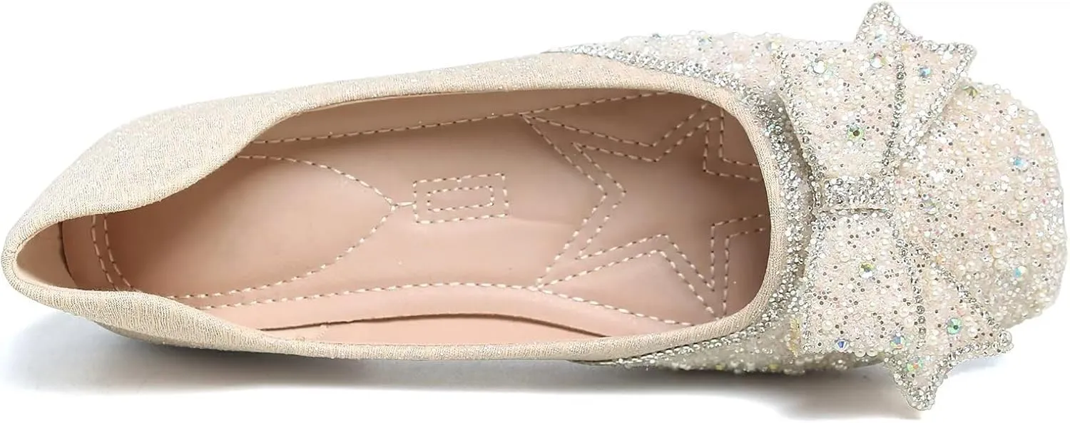 SAILING LU Square Toe Flats Shoes Rhinestoned Bowknots Ballet Flats for Women Studded Dress Shoes Comfort Light Weight Loafers