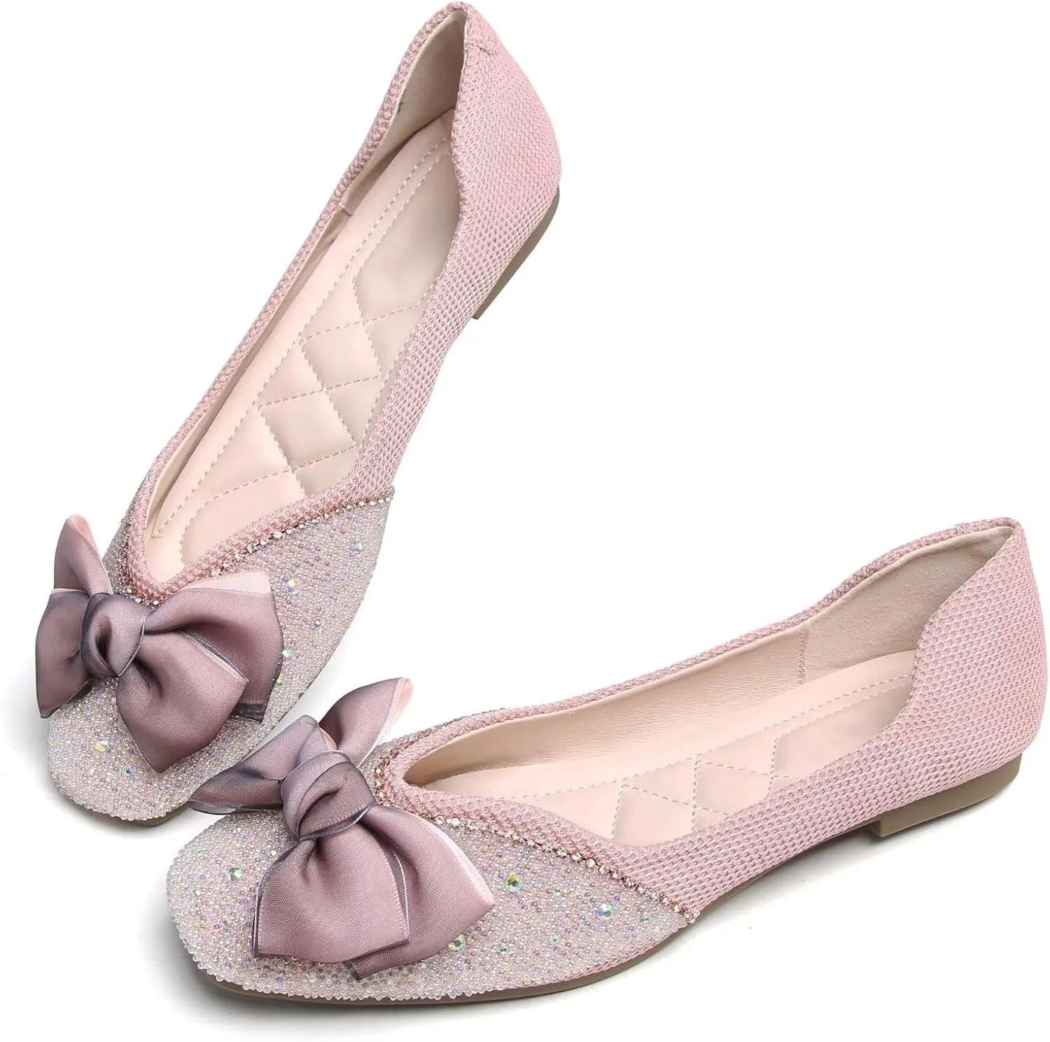 SAILING LU Square Toe Flats Shoes Rhinestoned Bowknots Ballet Flats for Women Studded Dress Shoes Comfort Light Weight Loafers