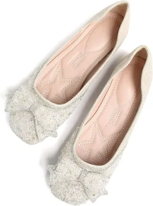 SAILING LU Square Toe Flats Shoes Rhinestoned Bowknots Ballet Flats for Women Studded Dress Shoes Comfort Light Weight Loafers
