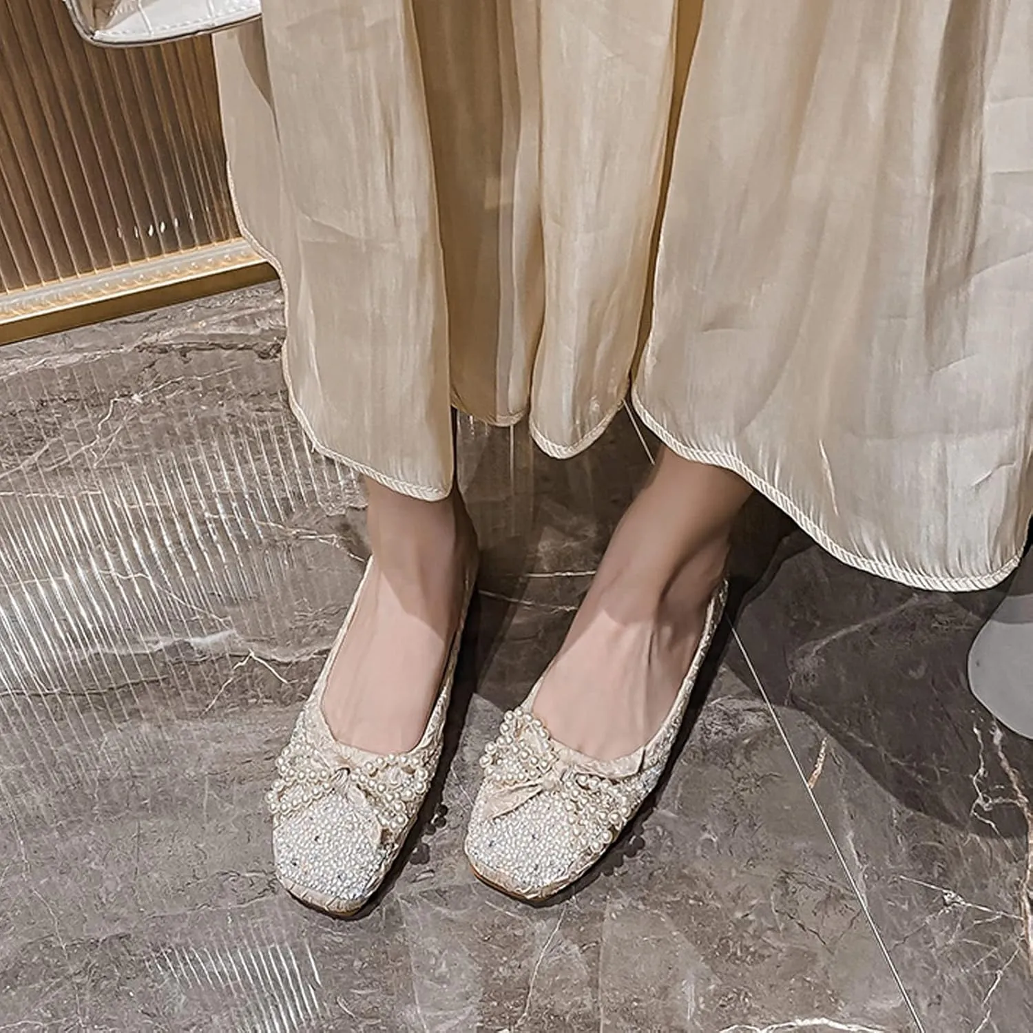 SAILING LU Square Toe Flats Shoes Rhinestoned Bowknots Ballet Flats for Women Studded Dress Shoes Comfort Light Weight Loafers