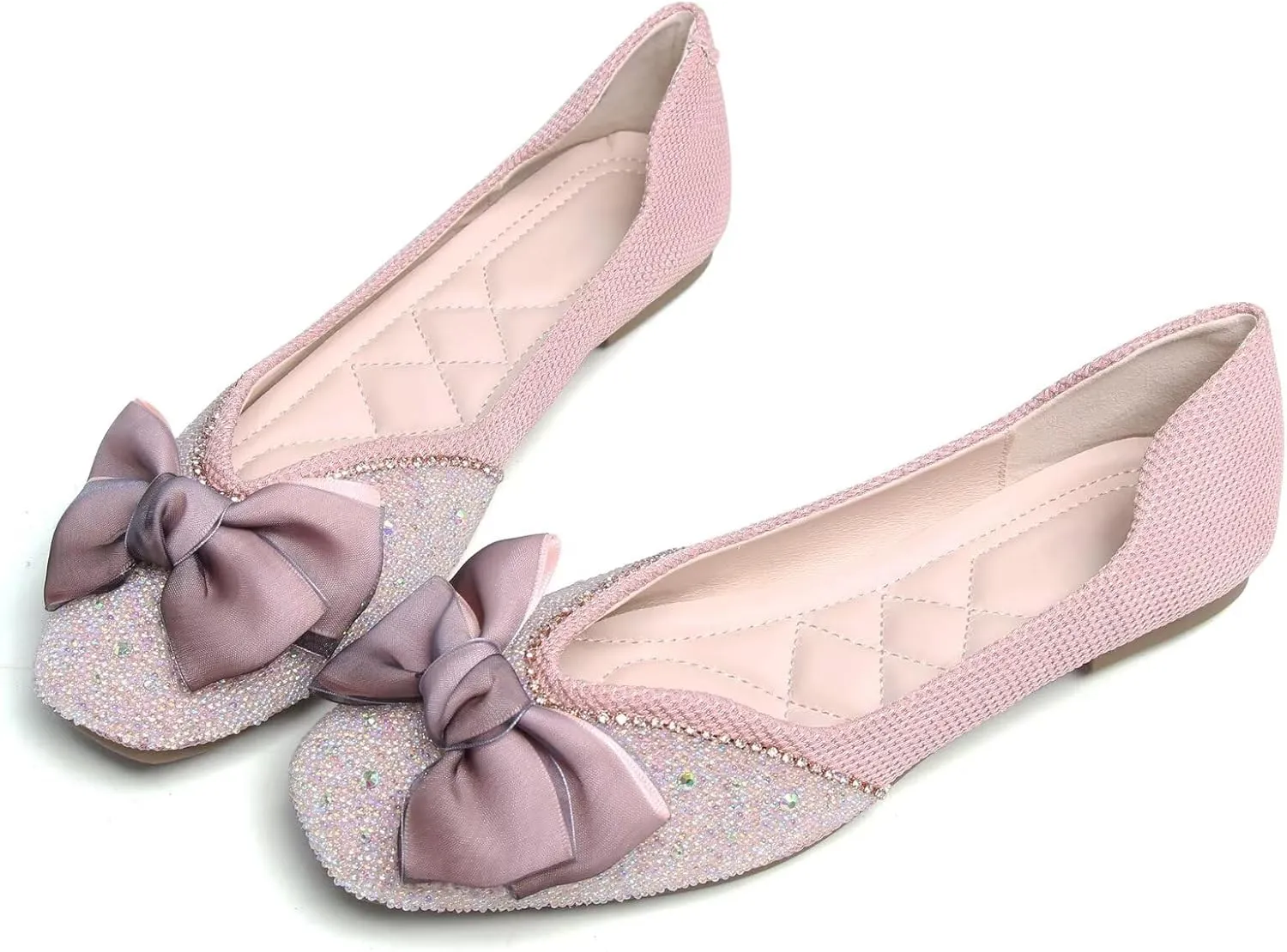 SAILING LU Square Toe Flats Shoes Rhinestoned Bowknots Ballet Flats for Women Studded Dress Shoes Comfort Light Weight Loafers