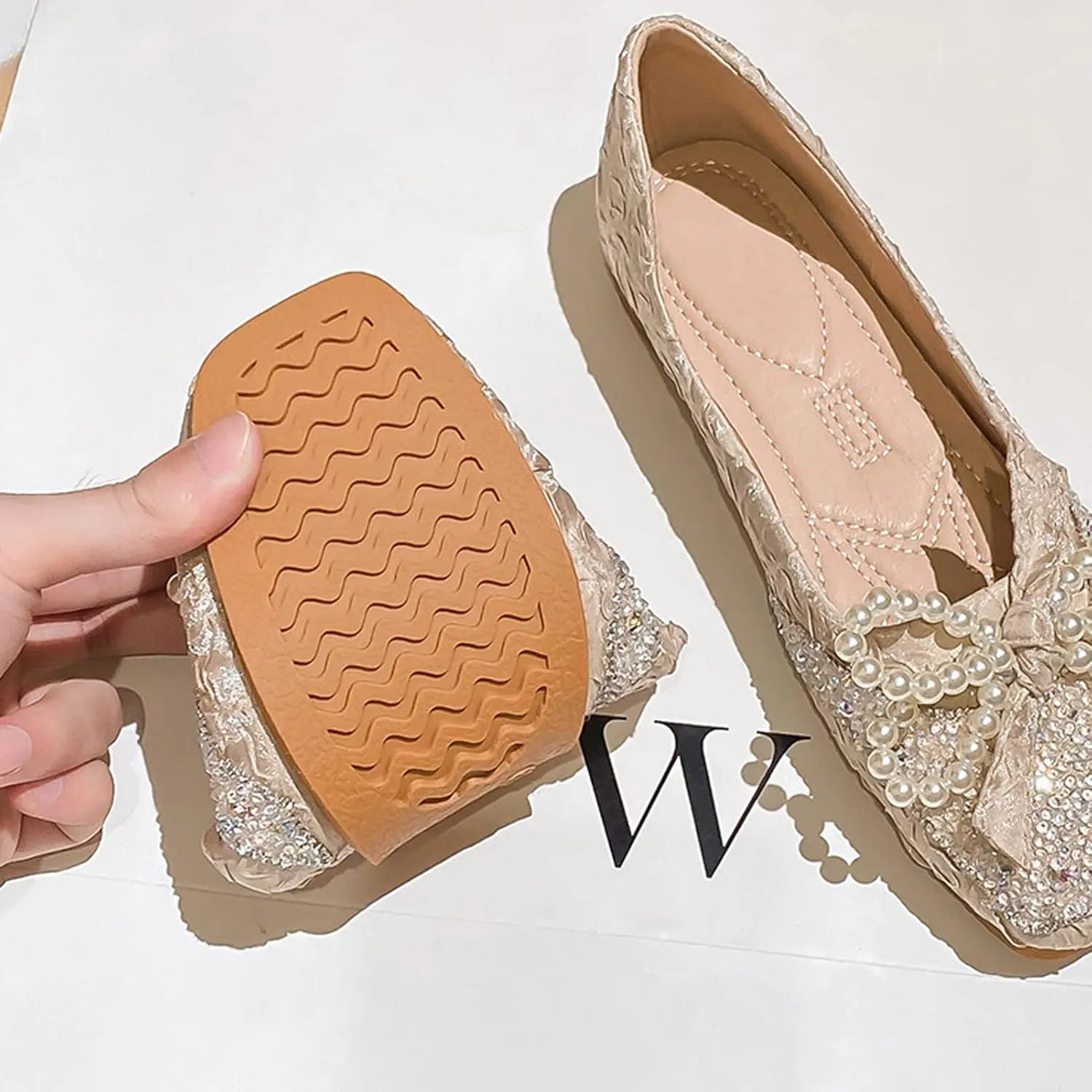 SAILING LU Square Toe Flats Shoes Rhinestoned Bowknots Ballet Flats for Women Studded Dress Shoes Comfort Light Weight Loafers