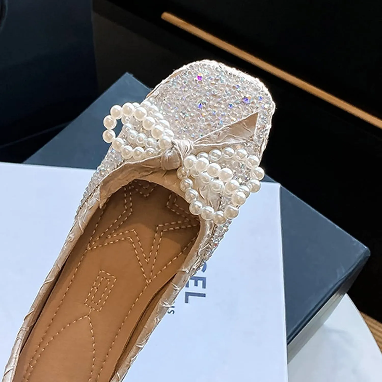 SAILING LU Square Toe Flats Shoes Rhinestoned Bowknots Ballet Flats for Women Studded Dress Shoes Comfort Light Weight Loafers