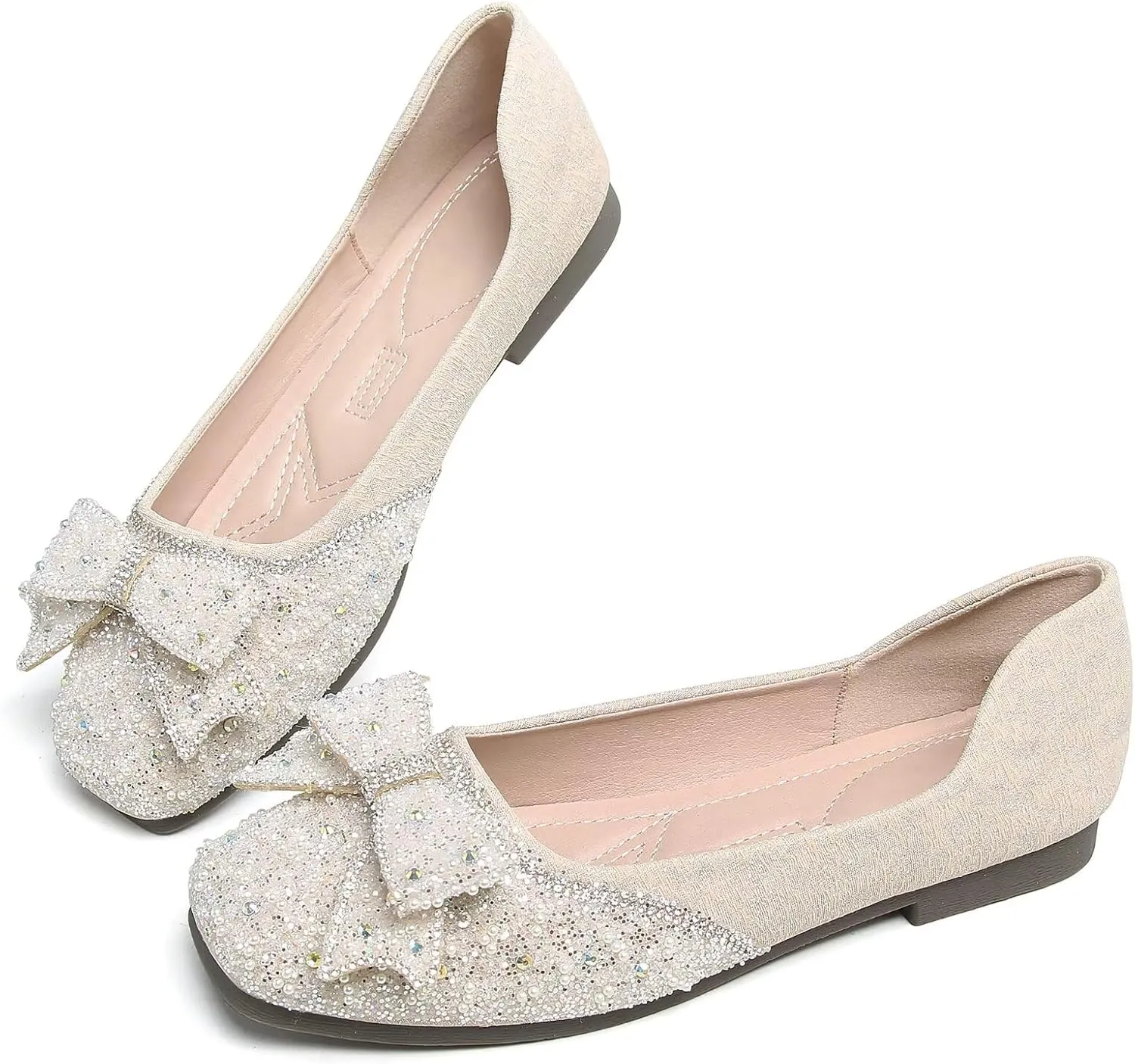 SAILING LU Square Toe Flats Shoes Rhinestoned Bowknots Ballet Flats for Women Studded Dress Shoes Comfort Light Weight Loafers