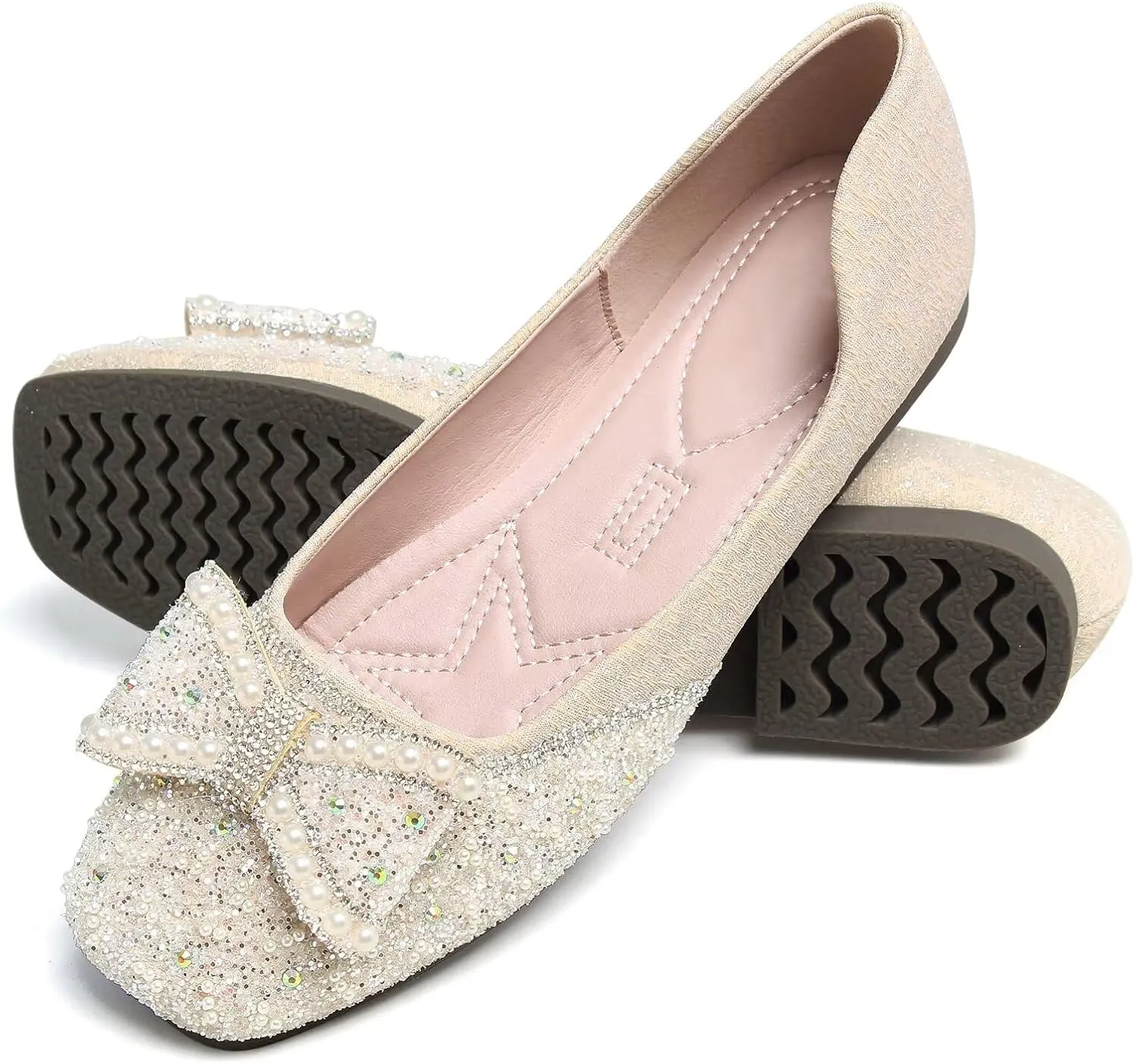SAILING LU Square Toe Flats Shoes Rhinestoned Bowknots Ballet Flats for Women Studded Dress Shoes Comfort Light Weight Loafers