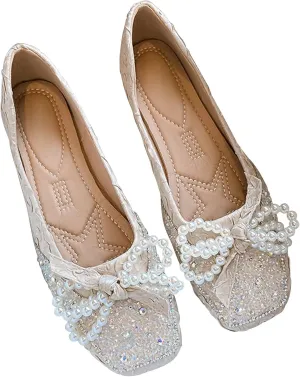 SAILING LU Square Toe Flats Shoes Rhinestoned Bowknots Ballet Flats for Women Studded Dress Shoes Comfort Light Weight Loafers
