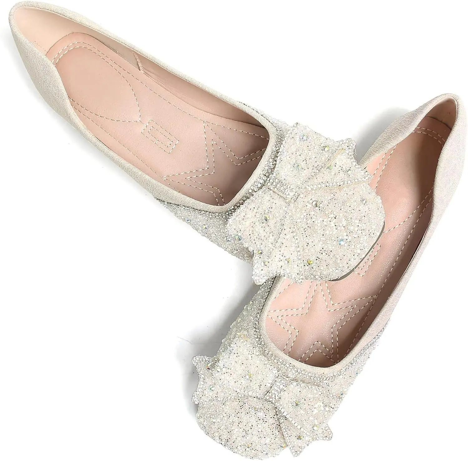 SAILING LU Square Toe Flats Shoes Rhinestoned Bowknots Ballet Flats for Women Studded Dress Shoes Comfort Light Weight Loafers
