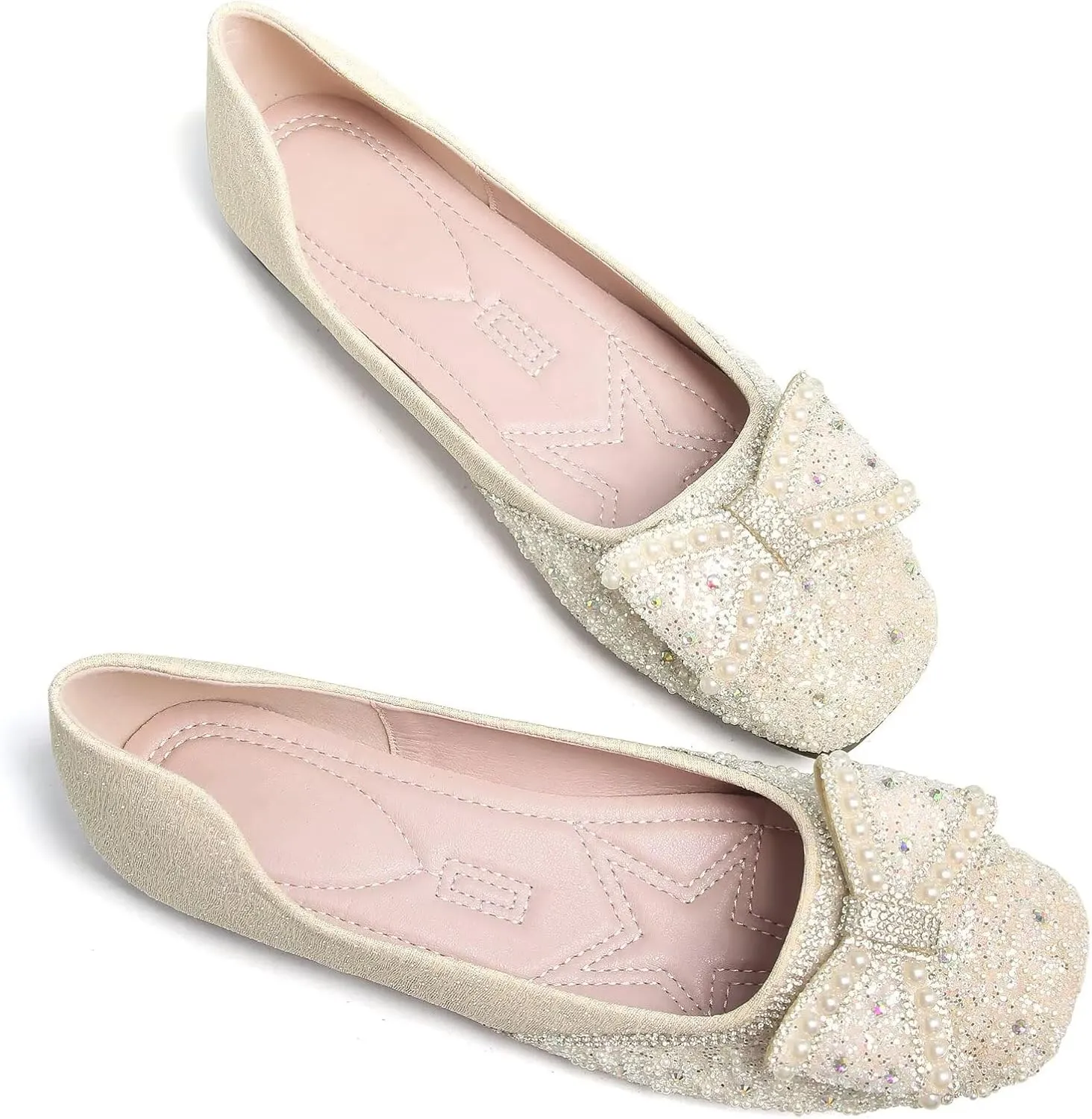 SAILING LU Square Toe Flats Shoes Rhinestoned Bowknots Ballet Flats for Women Studded Dress Shoes Comfort Light Weight Loafers