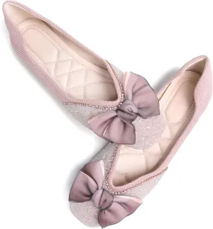 SAILING LU Square Toe Flats Shoes Rhinestoned Bowknots Ballet Flats for Women Studded Dress Shoes Comfort Light Weight Loafers