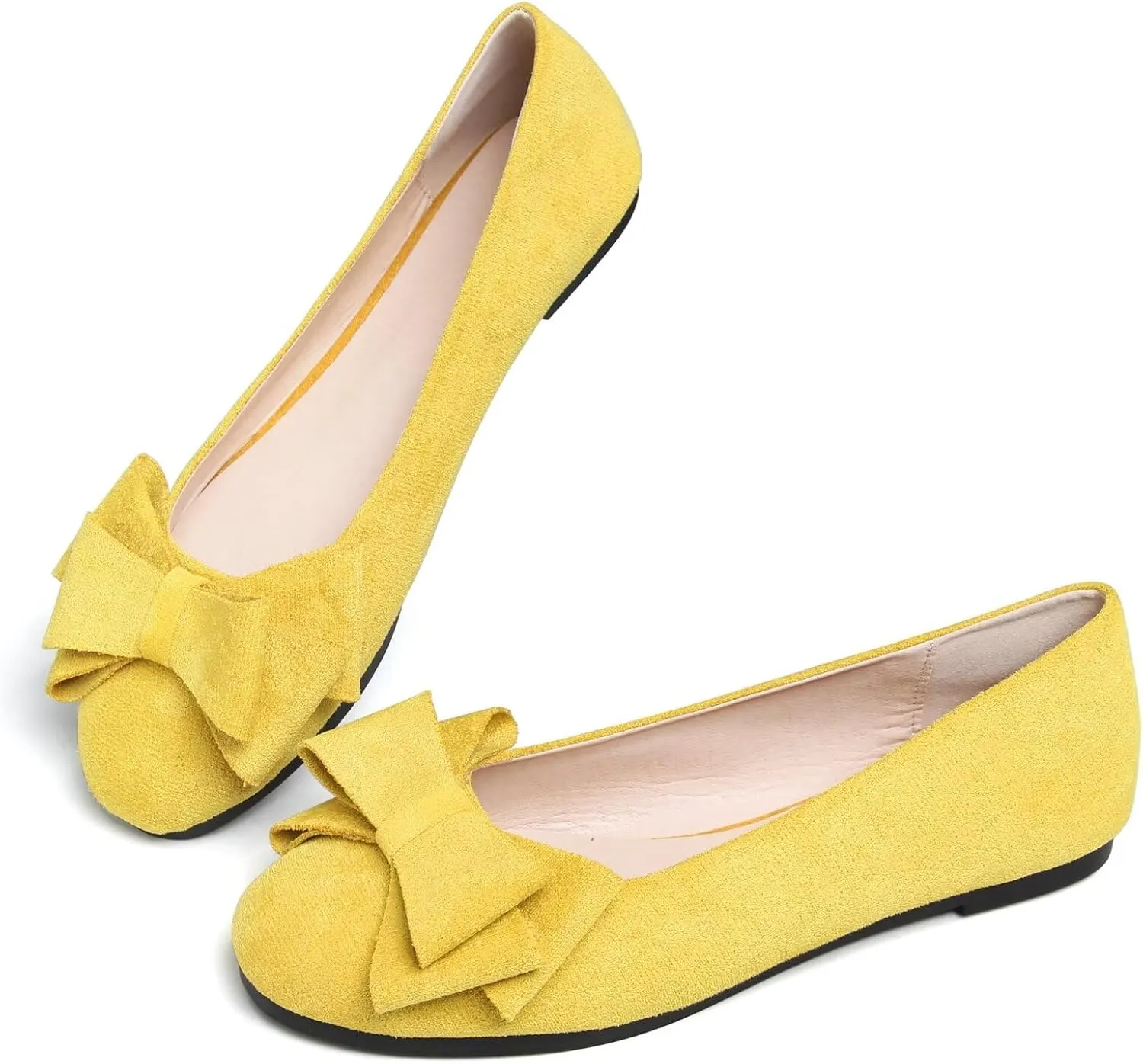 SAILING LU Women's Round Toe Ballerina Shoes Cute Bow Flats Comfortable Soft Suede Slip-ons Solid Color Office Lady Walking Loafers