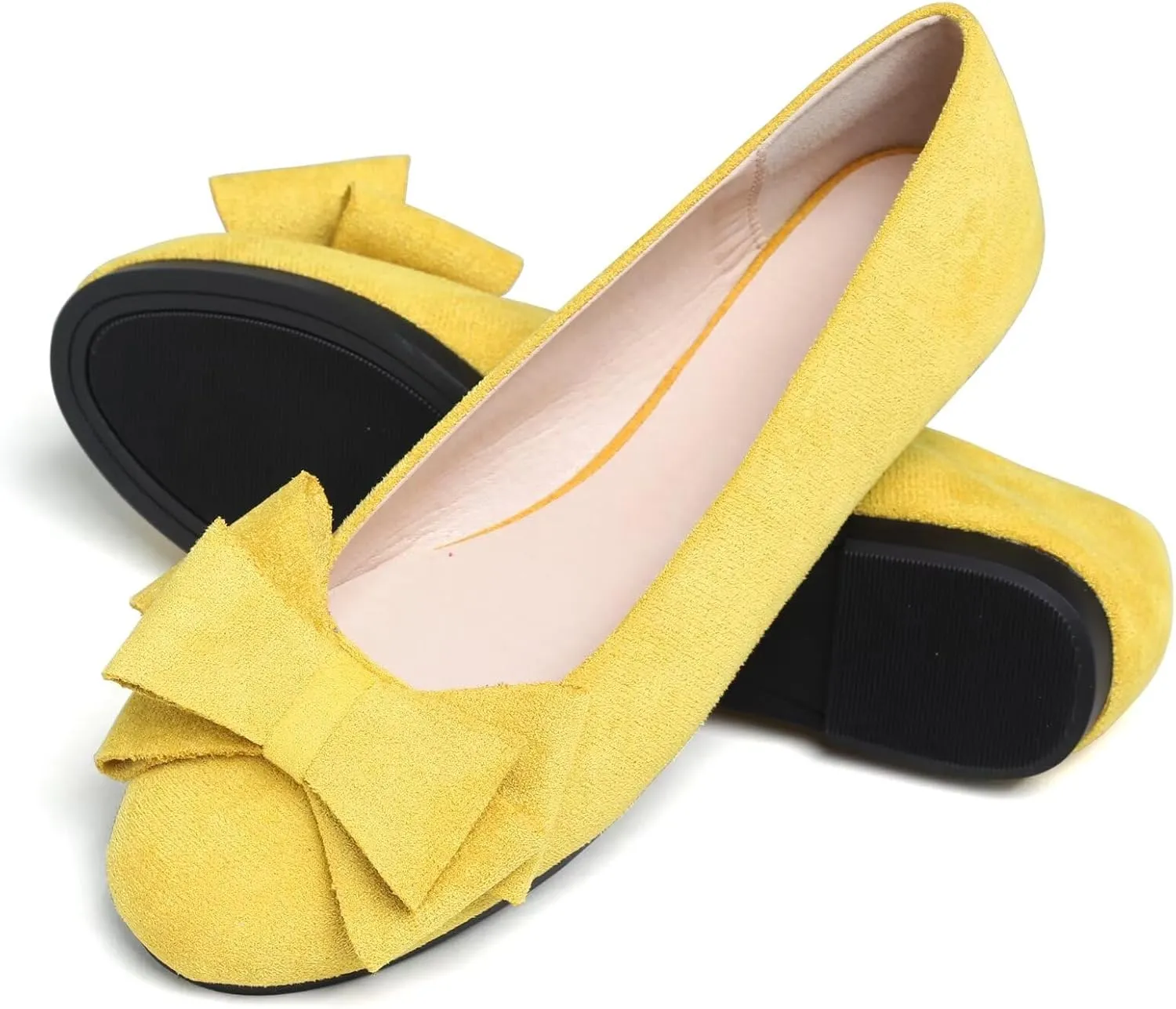 SAILING LU Women's Round Toe Ballerina Shoes Cute Bow Flats Comfortable Soft Suede Slip-ons Solid Color Office Lady Walking Loafers