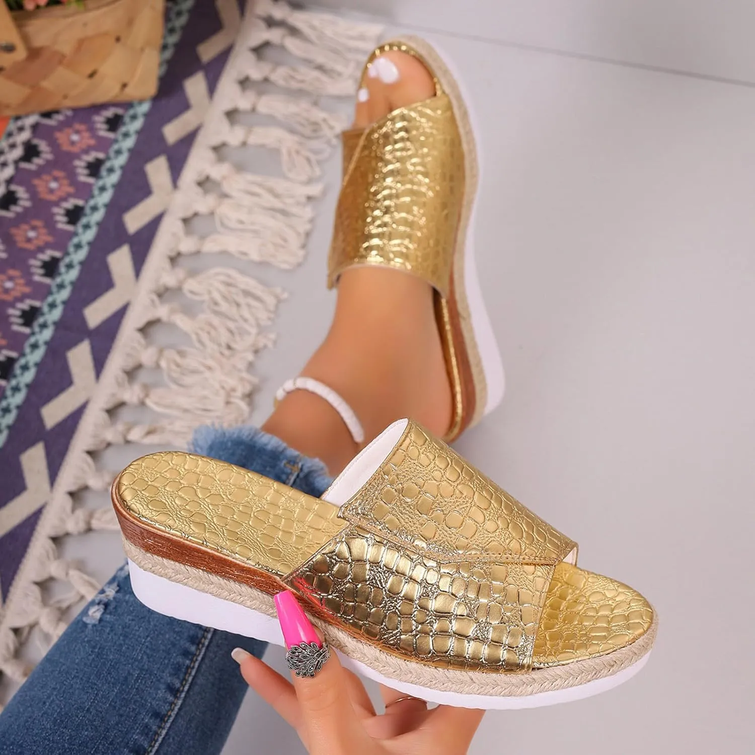 Sandals for Women Wedge Shoes,Fashion Lightweight Arch Support Slippers for Womens Comfy Wedge Orthopedic Sandals Summer Platform Cork Wedges Espadrille Heel Strappy Leather Sandals Dressy Shoes