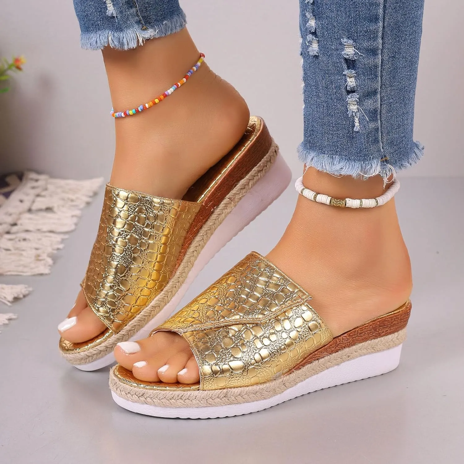 Sandals for Women Wedge Shoes,Fashion Lightweight Arch Support Slippers for Womens Comfy Wedge Orthopedic Sandals Summer Platform Cork Wedges Espadrille Heel Strappy Leather Sandals Dressy Shoes
