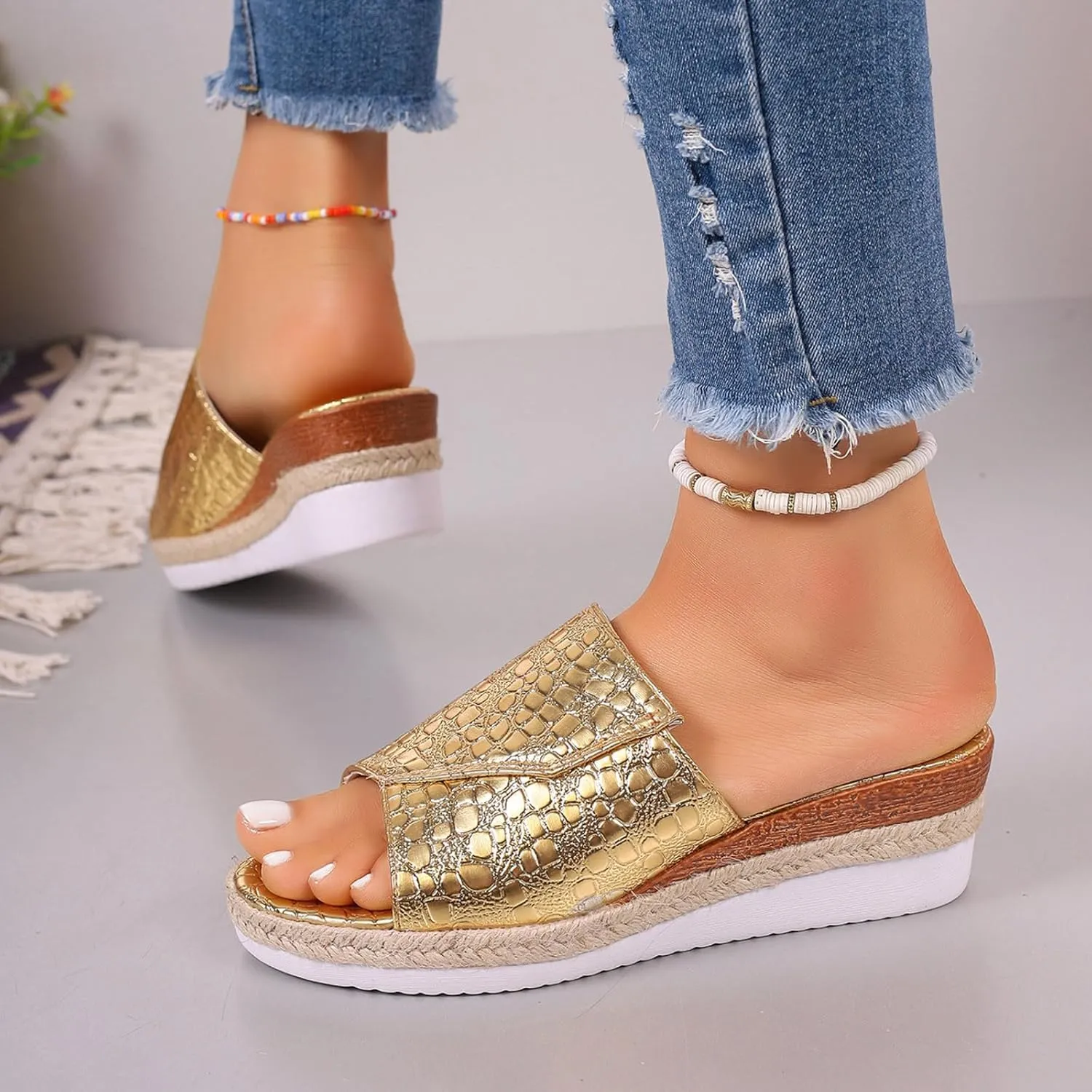 Sandals for Women Wedge Shoes,Fashion Lightweight Arch Support Slippers for Womens Comfy Wedge Orthopedic Sandals Summer Platform Cork Wedges Espadrille Heel Strappy Leather Sandals Dressy Shoes