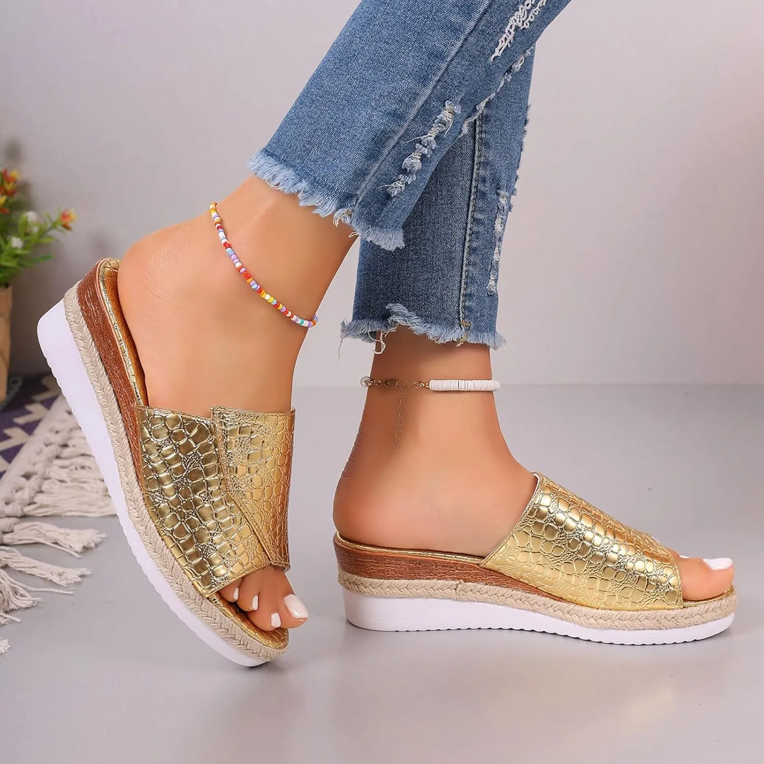 Sandals for Women Wedge Shoes,Fashion Lightweight Arch Support Slippers for Womens Comfy Wedge Orthopedic Sandals Summer Platform Cork Wedges Espadrille Heel Strappy Leather Sandals Dressy Shoes