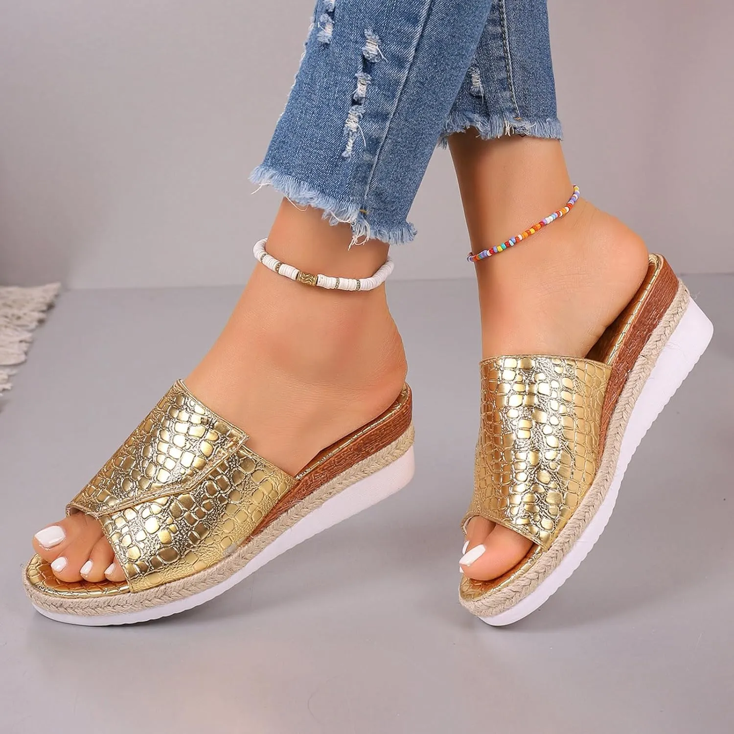 Sandals for Women Wedge Shoes,Fashion Lightweight Arch Support Slippers for Womens Comfy Wedge Orthopedic Sandals Summer Platform Cork Wedges Espadrille Heel Strappy Leather Sandals Dressy Shoes