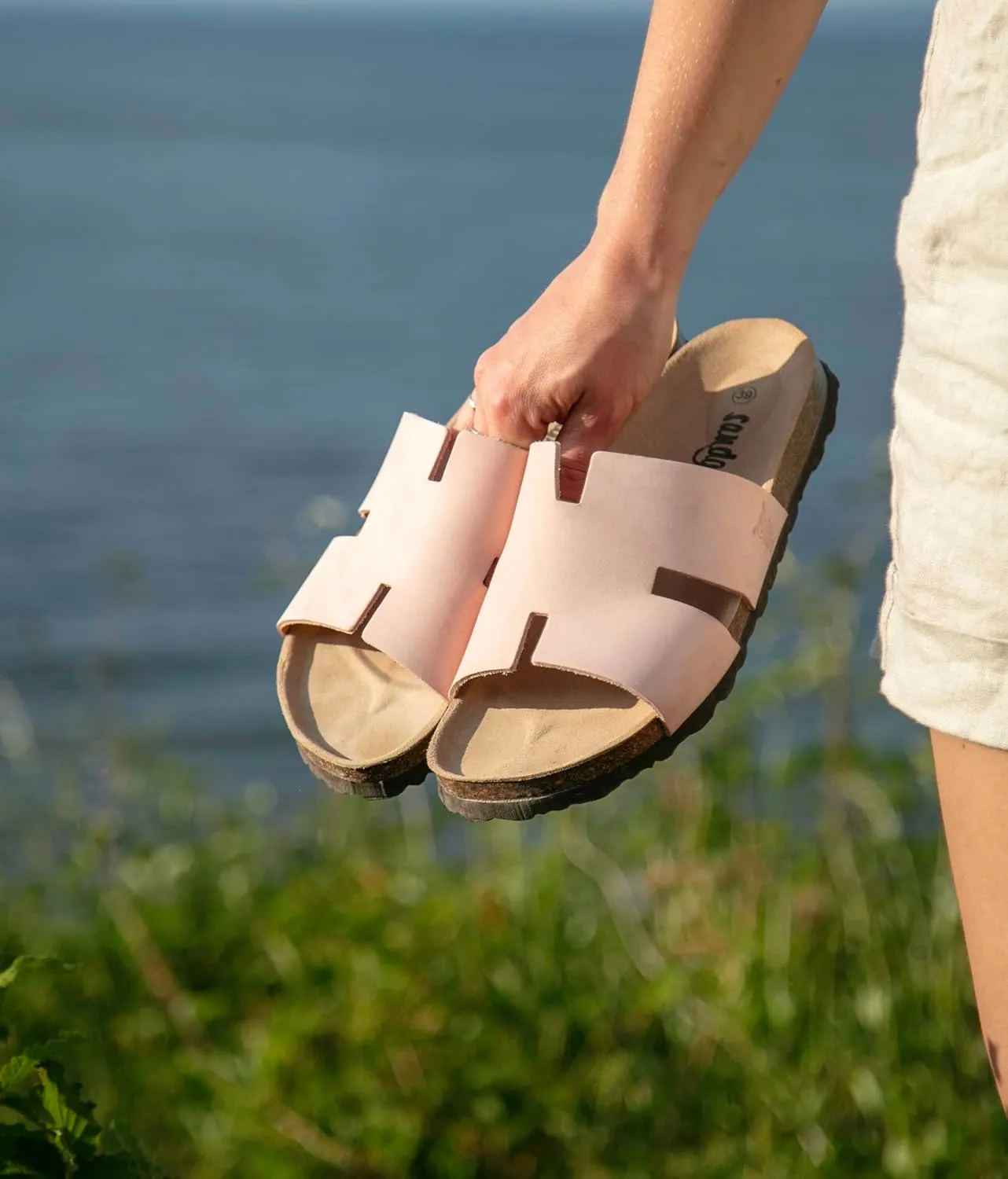 Sandgrens Handmade Unisex Cork Slides | European Top Grain Leather Sandals with Soft Suede Footbed and EVA Rubber Sole | Avila
