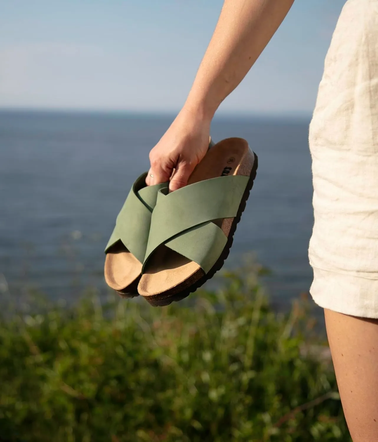 Sandgrens Handmade Unisex Cork Slides | European Top Grain Leather Sandals with Soft Suede Footbed and EVA Rubber Sole | Soria