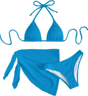 SHENHE Women's 3 Piece Textured High Cut Halter Triangle Bikini Swimsuit with Cover Up