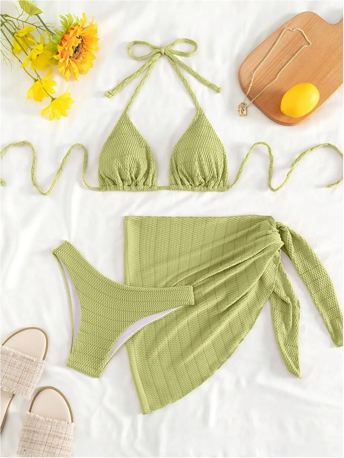 SHENHE Women's 3 Piece Textured High Cut Halter Triangle Bikini Swimsuit with Cover Up