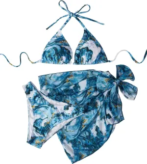 SHENHE Women's 3 Piece Textured High Cut Halter Triangle Bikini Swimsuit with Cover Up