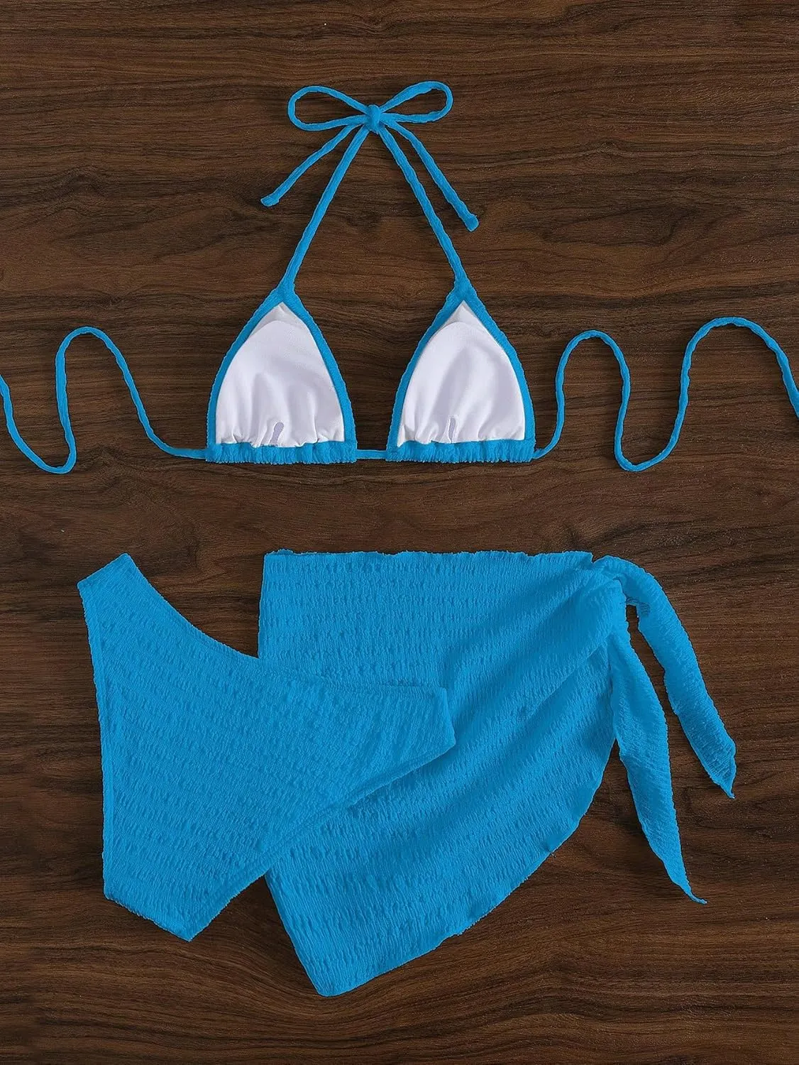 SHENHE Women's 3 Piece Textured High Cut Halter Triangle Bikini Swimsuit with Cover Up