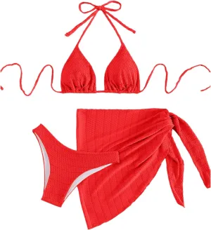 SHENHE Women's 3 Piece Textured High Cut Halter Triangle Bikini Swimsuit with Cover Up