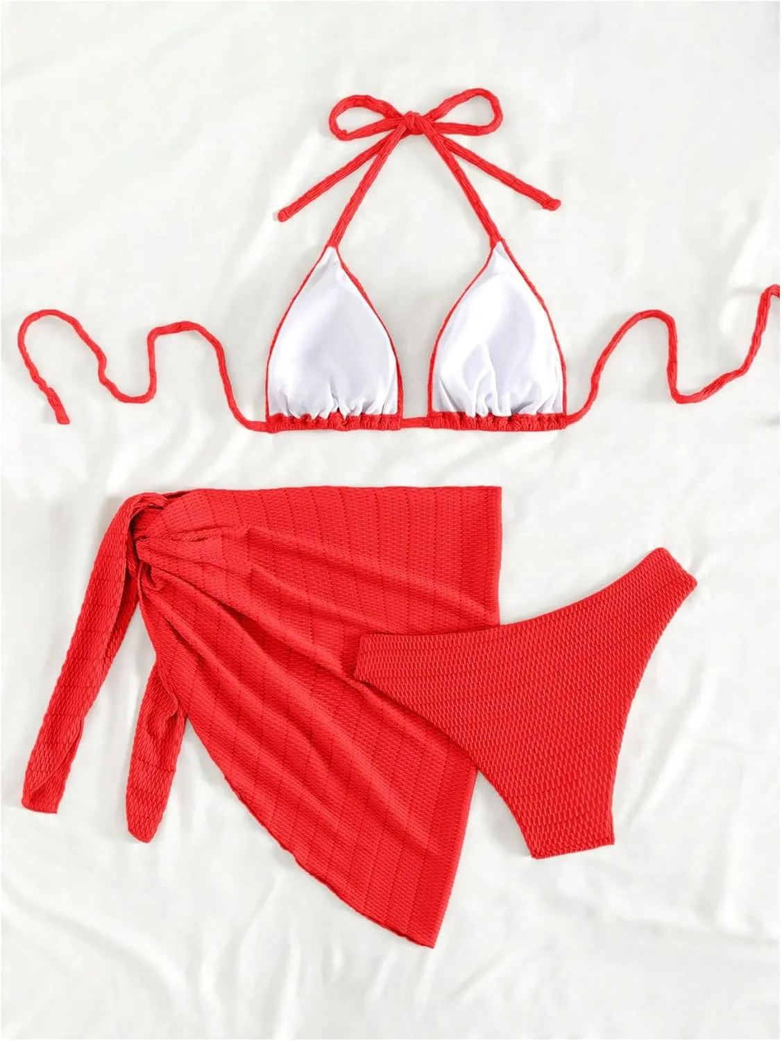 SHENHE Women's 3 Piece Textured High Cut Halter Triangle Bikini Swimsuit with Cover Up