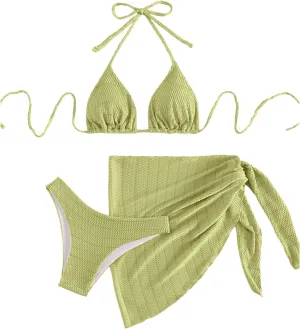 SHENHE Women's 3 Piece Textured High Cut Halter Triangle Bikini Swimsuit with Cover Up