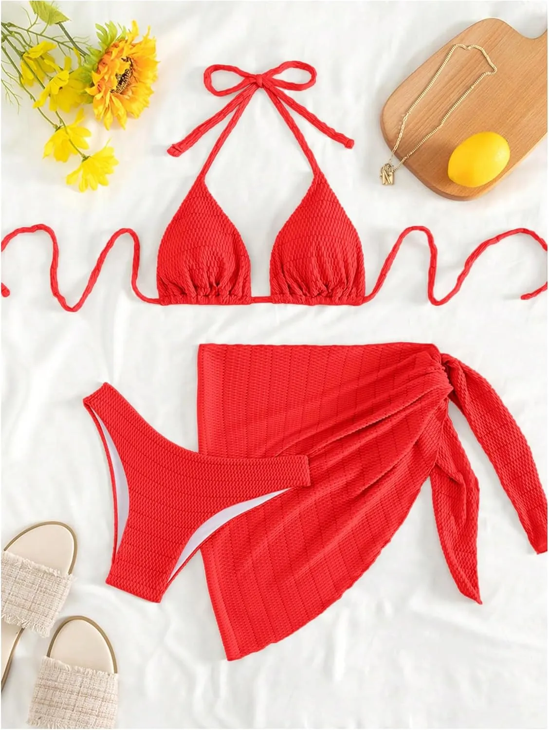 SHENHE Women's 3 Piece Textured High Cut Halter Triangle Bikini Swimsuit with Cover Up