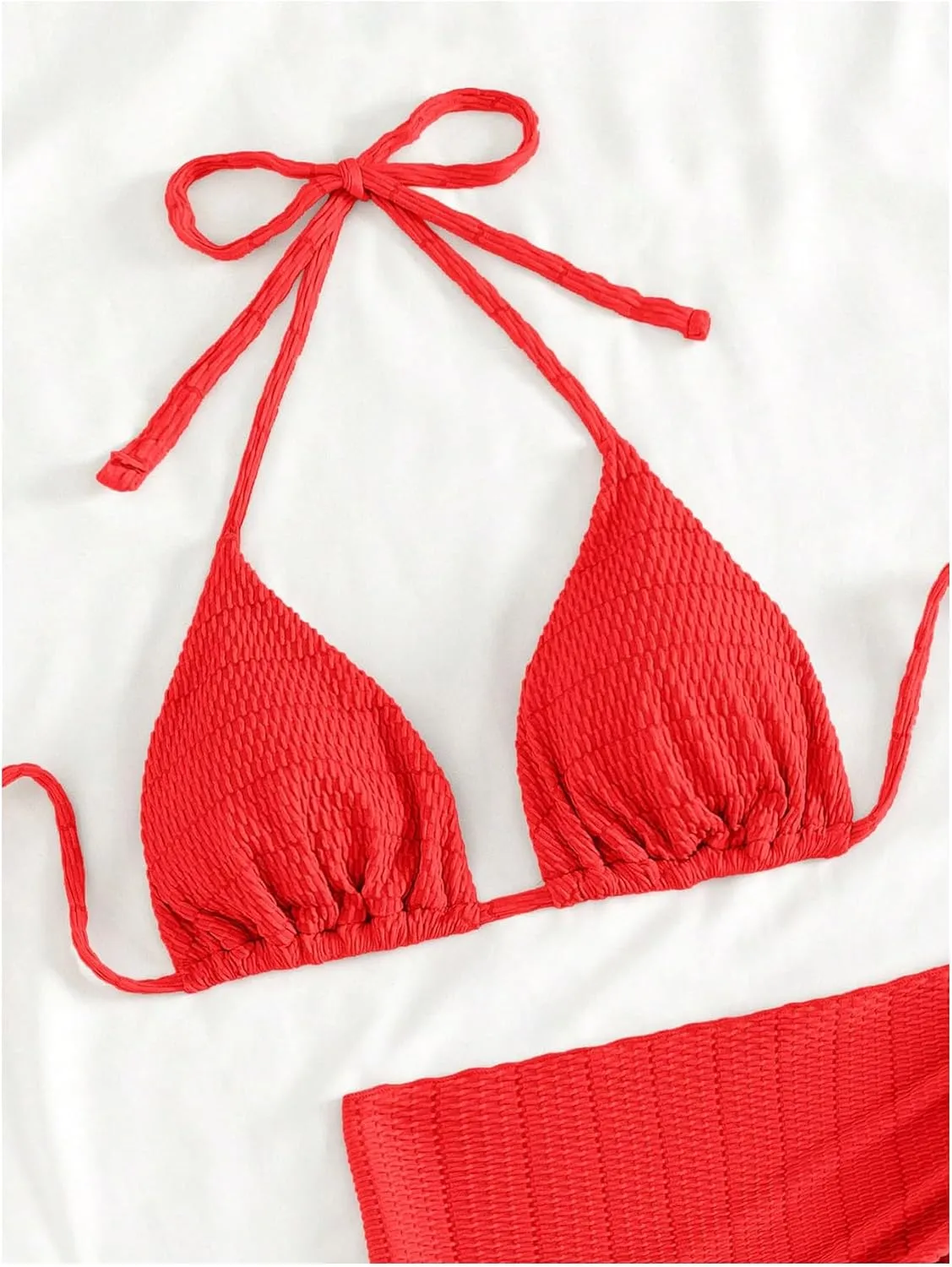 SHENHE Women's 3 Piece Textured High Cut Halter Triangle Bikini Swimsuit with Cover Up