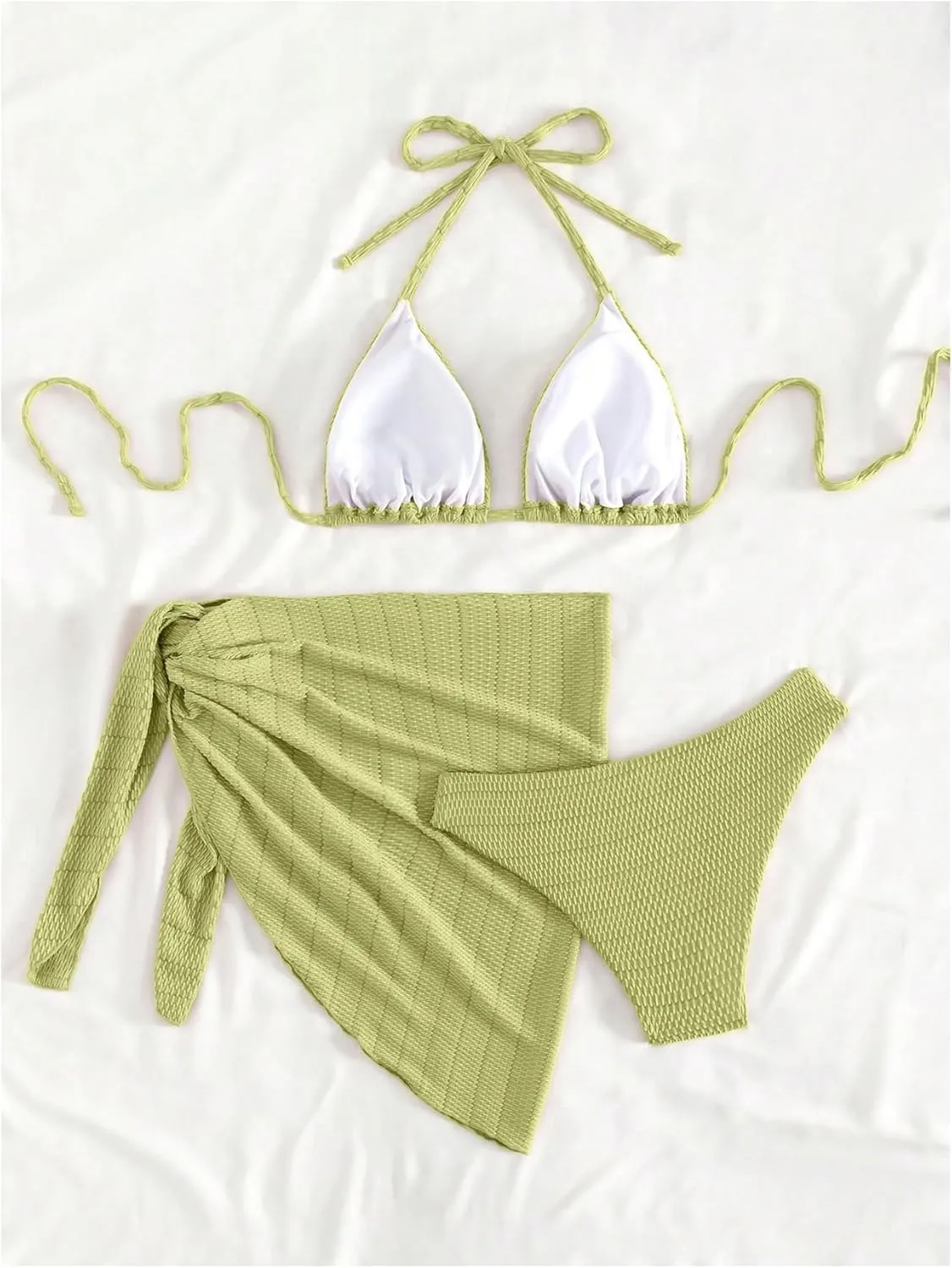 SHENHE Women's 3 Piece Textured High Cut Halter Triangle Bikini Swimsuit with Cover Up